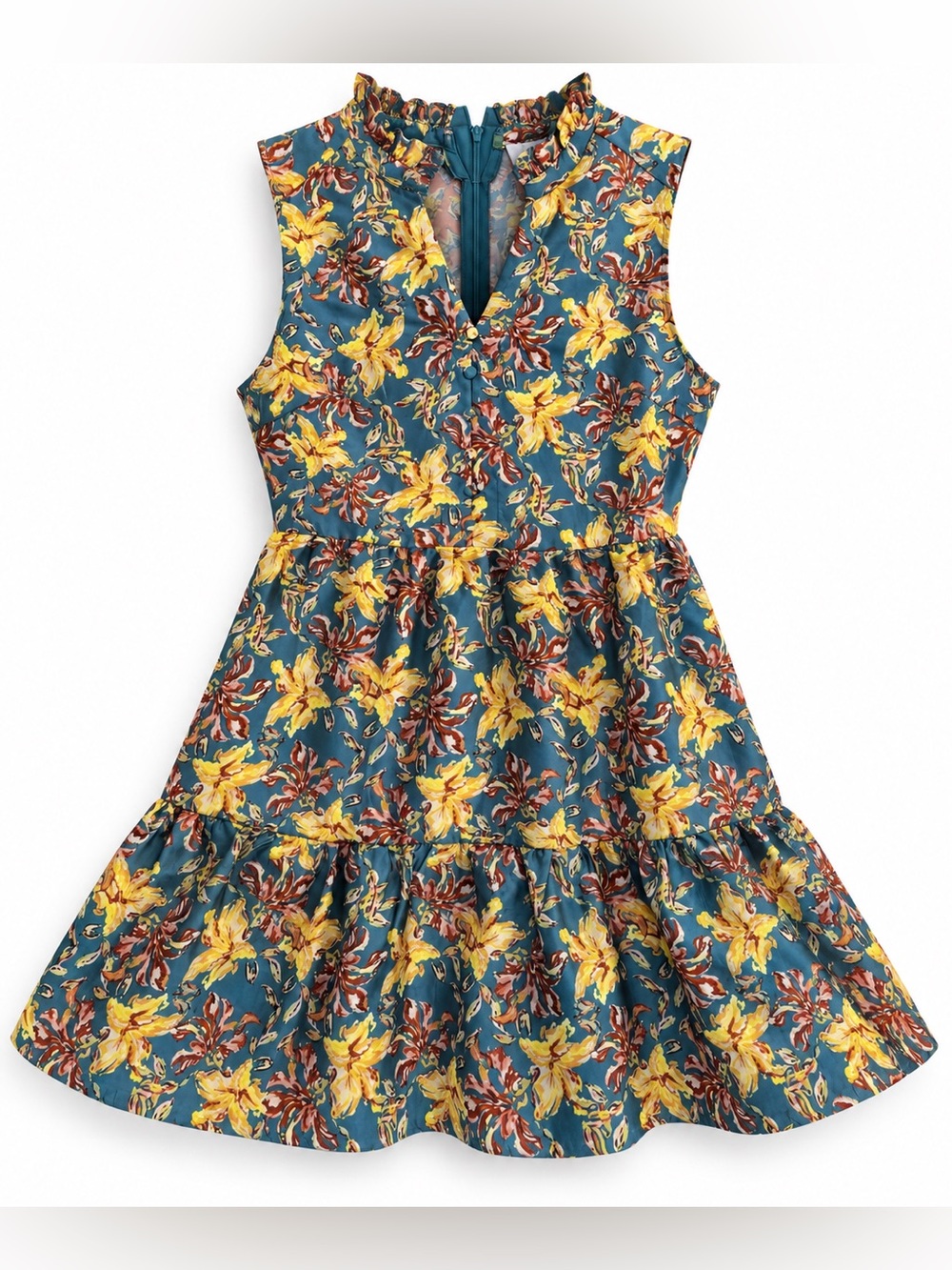 NWT Fate Teal Floral Tiered Mini Dress Ruffle Neck Size M